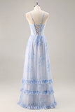 Blu corsetto floreale chiffon abito da damigella d'onore lungo con fessura