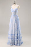 Blu corsetto floreale chiffon abito da damigella d'onore lungo con fessura