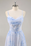 Blu corsetto floreale chiffon abito da damigella d'onore lungo con fessura