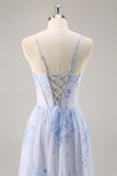 Blu corsetto floreale chiffon abito da damigella d'onore lungo con fessura