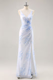 Blu floreale increspato chiffon lungo abito da damigella d'onore con fessura
