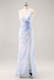 Blu floreale increspato chiffon lungo abito da damigella d'onore con fessura