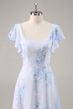 Blu Chiffon floreale scoop collo lungo abito da damigella d'onore con volant