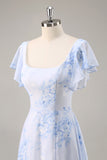 Blu Chiffon floreale scoop collo lungo abito da damigella d'onore con volant