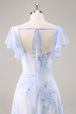 Blu Chiffon floreale scoop collo lungo abito da damigella d'onore con volant