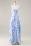 Blu Chiffon floreale una linea abito da damigella d'onore lungo con volant
