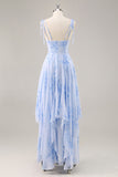 Blu Chiffon floreale una linea abito da damigella d'onore lungo con volant