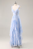 Blu Chiffon floreale una linea abito da damigella d'onore lungo con volant