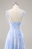 Blu Chiffon floreale una linea abito da damigella d'onore lungo con volant
