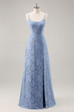 Dusty Blue Lace Spaghetti Straps Una linea abito da damigella d'onore lungo con fessura