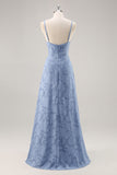 Dusty Blue Lace Spaghetti Straps Una linea abito da damigella d'onore lungo con fessura