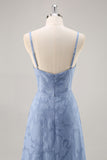 Dusty Blue Lace Spaghetti Straps Una linea abito da damigella d'onore lungo con fessura