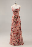 Dusty Rose increspato corsetto floreale lungo abito da damigella d'onore con fessura