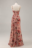 Dusty Rose increspato corsetto floreale lungo abito da damigella d'onore con fessura