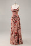 Dusty Rose increspato corsetto floreale lungo abito da damigella d'onore con fessura
