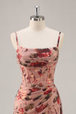Dusty Rose increspato corsetto floreale lungo abito da damigella d'onore con fessura