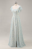 Blu floreale chiffon arruffato abito da damigella d'onore lungo con fessura