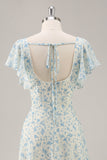 Blu floreale chiffon arruffato abito da damigella d'onore lungo con fessura