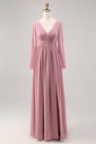Semplice Dusty Rose maniche lunghe con scollo a V abito da damigella d'onore con fessura
