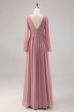 Semplice Dusty Rose maniche lunghe con scollo a V abito da damigella d'onore con fessura