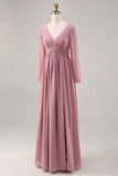 Semplice Dusty Rose maniche lunghe con scollo a V abito da damigella d'onore con fessura