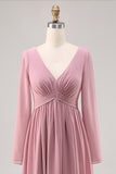 Semplice Dusty Rose maniche lunghe con scollo a V abito da damigella d'onore con fessura