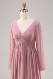 Semplice Dusty Rose maniche lunghe con scollo a V abito da damigella d'onore con fessura