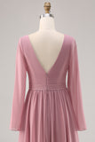 Semplice Dusty Rose maniche lunghe con scollo a V abito da damigella d'onore con fessura