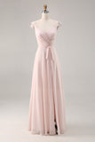 Candy Pink Cap Sleeves increspato lungo abito da damigella d'onore con fusciacca