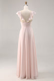 Candy Pink Cap Sleeves increspato lungo abito da damigella d'onore con fusciacca