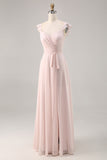 Candy Pink Cap Sleeves increspato lungo abito da damigella d'onore con fusciacca