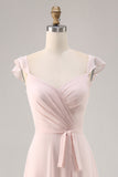 Candy Pink Cap Sleeves increspato lungo abito da damigella d'onore con fusciacca