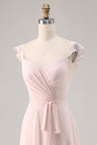 Candy Pink Cap Sleeves increspato lungo abito da damigella d'onore con fusciacca