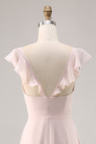 Candy Pink Cap Sleeves increspato lungo abito da damigella d'onore con fusciacca