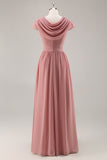 Dusty Rose V-Neck Increspato Chiffon Abito da damigella d'onore lungo con drappeggio