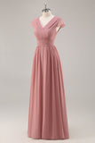 Dusty Rose V-Neck Increspato Chiffon Abito da damigella d'onore lungo con drappeggio