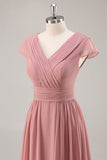 Dusty Rose V-Neck Increspato Chiffon Abito da damigella d'onore lungo con drappeggio
