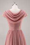 Dusty Rose V-Neck Increspato Chiffon Abito da damigella d'onore lungo con drappeggio