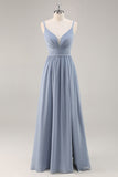 Dusty Blue Chiffon increspato abito da damigella d'onore lungo con fessura