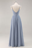 Dusty Blue Chiffon increspato abito da damigella d'onore lungo con fessura