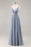 Dusty Blue Chiffon increspato abito da damigella d'onore lungo con fessura