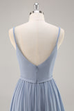 Dusty Blue Chiffon increspato abito da damigella d'onore lungo con fessura