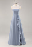 Dusty Blue Chiffon A Line Abito da damigella d'onore lungo con volant