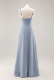 Dusty Blue Chiffon A Line Abito da damigella d'onore lungo con volant