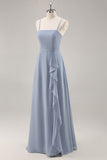 Dusty Blue Chiffon A Line Abito da damigella d'onore lungo con volant