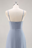 Dusty Blue Chiffon A Line Abito da damigella d'onore lungo con volant