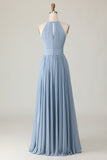 Dusty Blue Halter Chiffon increspato abito da damigella d'onore lungo con fori per la serratura