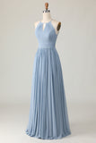 Dusty Blue Halter Chiffon increspato abito da damigella d'onore lungo con fori per la serratura
