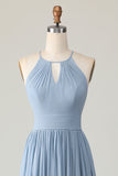 Dusty Blue Halter Chiffon increspato abito da damigella d'onore lungo con fori per la serratura