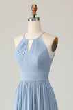 Dusty Blue Halter Chiffon increspato abito da damigella d'onore lungo con fori per la serratura